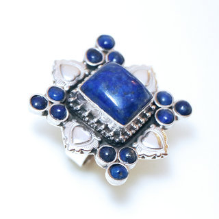 Bijoux ethniques indiens bague en argent 925 massif femme grande large filigranes rectangle coeur perles billes et pierre fine vraie Lapis-Lazuli bleu fonc - Npal 181