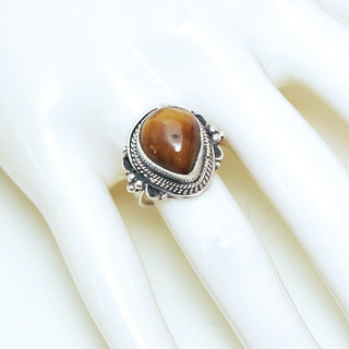 Bijoux ethniques Indiens bague argent 925 goutte coeur filigranes tresse et pierre fine Oeil de Tigre marron - Inde 180 b