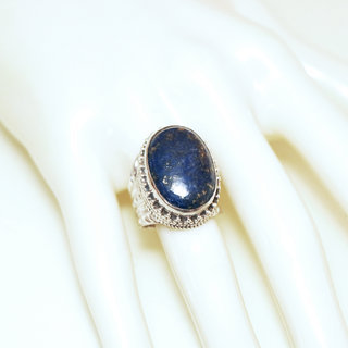 Bijoux ethniques indiens bague en argent 925 massif femme homme chevalire grande ovale filigranes pierre fine vraie Lapis-Lazuli bleu fonc vritable - Npal 187b