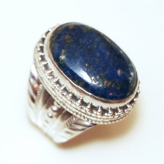 Bijoux ethniques indiens bague en argent 925 massif femme homme chevalire grande ovale filigranes pierre fine vraie Lapis-Lazuli bleu fonc vritable - Npal 187a