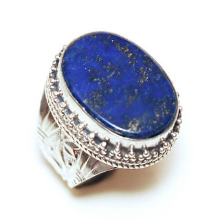 Bijoux ethniques indiens bague en argent 925 massif femme homme chevalire grande ovale filigranes pierre fine vraie Lapis-Lazuli bleu fonc vritable - Npal 188a