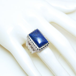 Bijoux ethniques indiens bague en argent 925 massif femme homme chevalire grande rectangle filigranes pierre fine vraie Lapis-Lazuli bleu fonc vritable - Npal 189 b