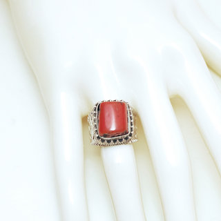 Bijoux ethniques indiens bague en argent 925 massif femme homme chevalire grande rectangle filigranes pierre fine vraie Corail rouge vritable - Npal 191b