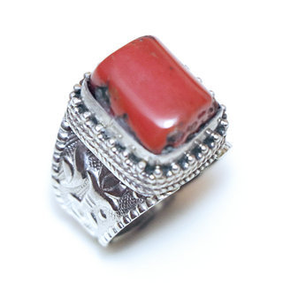 Bijoux ethniques indiens bague en argent 925 massif femme homme chevalire grande rectangle filigranes pierre fine vraie Corail rouge vritable - Npal 191a