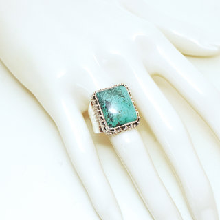 Bijoux ethniques indiens bague en argent 925 massif femme homme chevalire grande rectangle filigranes pierre fine vraie Turquoise naturelle vritable - Npal 192b