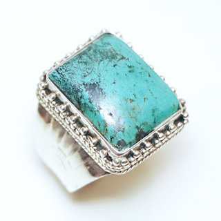 Bijoux ethniques indiens bague en argent 925 massif femme homme chevalire grande rectangle filigranes pierre fine vraie Turquoise naturelle vritable - Npal 192a