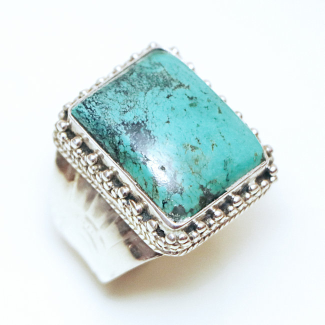 Bague chevalière rectangle argent 925 et Turquoise naturelle - Népal 192