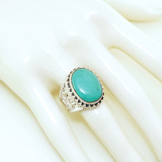 Bijoux ethniques indiens bague en argent 925 massif femme homme chevalire grande ovale filigranes pierre fine vraie Turquoise naturelle vritable - Npal 193 b