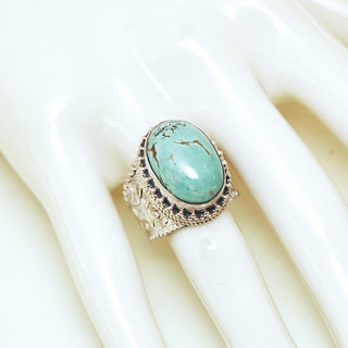 Bijoux ethniques indiens bague en argent 925 massif femme homme chevalire grande ovale filigranes pierre fine vraie Turquoise naturelle vritable - Npal 194b