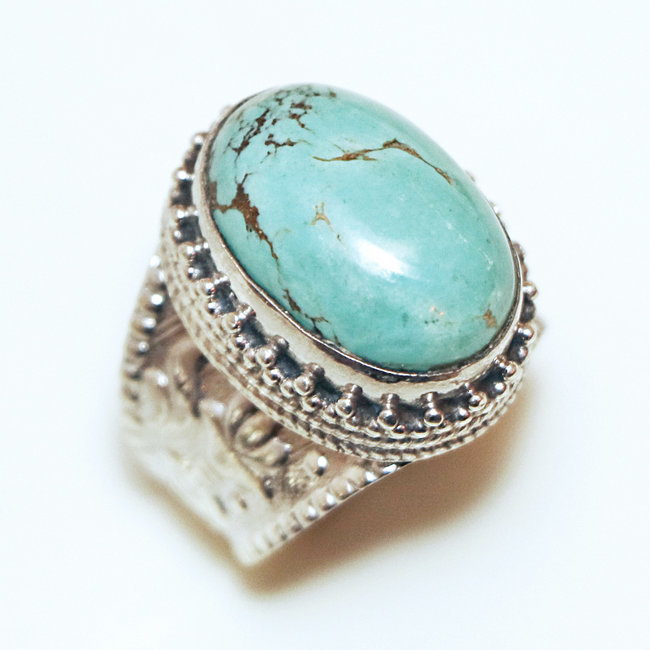 Bague chevalière ovale argent 925 et Turquoise naturelle - Népal 194