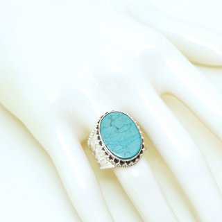 Bijoux ethniques indiens bague en argent 925 massif femme homme chevalire grande ovale filigranes pierre fine vraie Turquoise naturelle vritable - Npal 195b