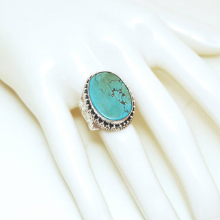 Bijoux ethniques indiens bague en argent 925 massif femme homme chevalire grande ovale filigranes pierre fine vraie Turquoise naturelle vritable - Npal 196 b