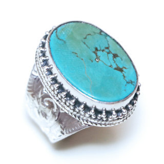 Bijoux ethniques indiens bague en argent 925 massif femme homme chevalire grande ovale filigranes pierre fine vraie Turquoise naturelle vritable - Npal 196