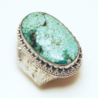 Bijoux ethniques indiens bague en argent 925 massif femme homme chevalire grande ovale filigranes pierre fine vraie Turquoise naturelle vritable - Npal 197a