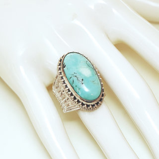 Bijoux ethniques indiens bague en argent 925 massif femme homme chevalire grande ovale filigranes pierre fine vraie Turquoise naturelle vritable - Npal 198b