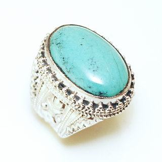 Bijoux ethniques indiens bague en argent 925 massif femme homme chevalire grande ovale filigranes pierre fine vraie Turquoise naturelle vritable - Npal 199a