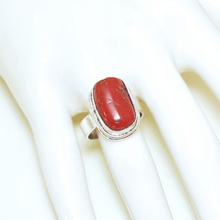 Bijoux ethniques indiens bague en argent 925 massif femme longue rectangle lisses pierre fine vraie Corail rouge vritable - Npal 208b