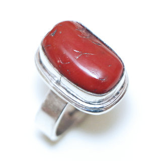 Bijoux ethniques indiens bague en argent 925 massif femme longue rectangle lisses pierre fine vraie Corail rouge vritable - Npal 208a