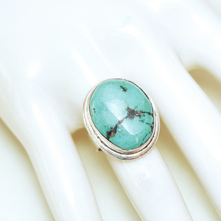 Bijoux ethniques indiens bague en argent 925 massif femme pierre fine vraie Turquoise brute naturelle vritable brute lisse pice unique - Npal 209b