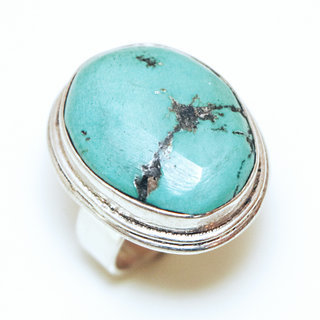 Bijoux ethniques indiens bague en argent 925 massif femme pierre fine vraie Turquoise brute naturelle vritable brute lisse pice unique - Npal 209a