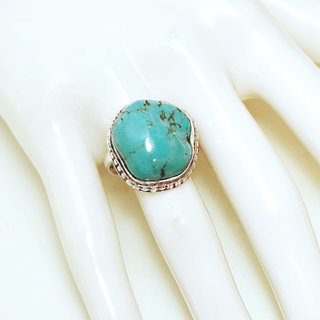 Bijoux ethniques indiens bague en argent 925 massif femme pierre fine vraie Turquoise brute naturelle vritable brute filigranes lisse pice unique - Npal 214b