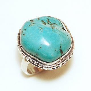 Bijoux ethniques indiens bague en argent 925 massif femme pierre fine vraie Turquoise brute naturelle vritable brute filigranes lisse pice unique - Npal 214a