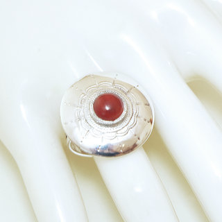 Bijoux touareg ethniques bague en argent 925 massif femme grande ronde grave et pierre fine Cornaline orange marron - Niger 045 b