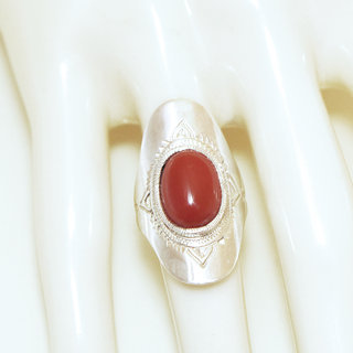 Bijoux touareg ethniques bague en argent 925 massif femme longue navette marquise grave et pierre fine Cornaline orange marron gravures - Niger 049 b