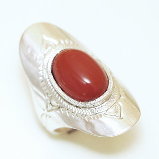 Bijoux touareg ethniques bague en argent 925 massif femme longue navette marquise grave et pierre fine Cornaline orange marron gravures - Niger 049 a