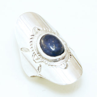 Bijoux touareg ethniques bague en argent 925 massif femme longue navette marquise grave et pierre fine Lapis Lazuli bleu fonc paillettes gravures - Niger 052 a