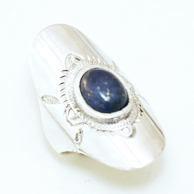 Bague argent massif 925 touareg navette longue et Lapis-Lazuli - Niger 052