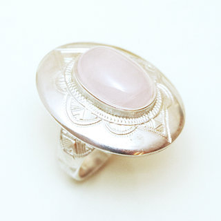 Bijoux ethniques touareg bague argent 925 femme pierres semi-prcieuses Quartz rose grande ovale - Niger 003a