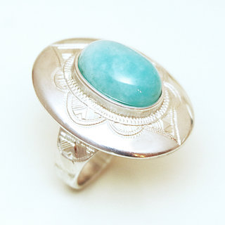 Bijoux ethniques touareg bague argent 925 femme pierres semi-prcieuses amazonite bleu turquoise grande ovale - Niger 003a