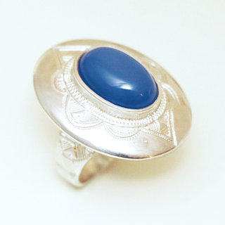 Bijoux ethniques touareg bague argent 925 femme pierres semi-prcieuses Agate bleu fonce grande ovale - Niger 003a