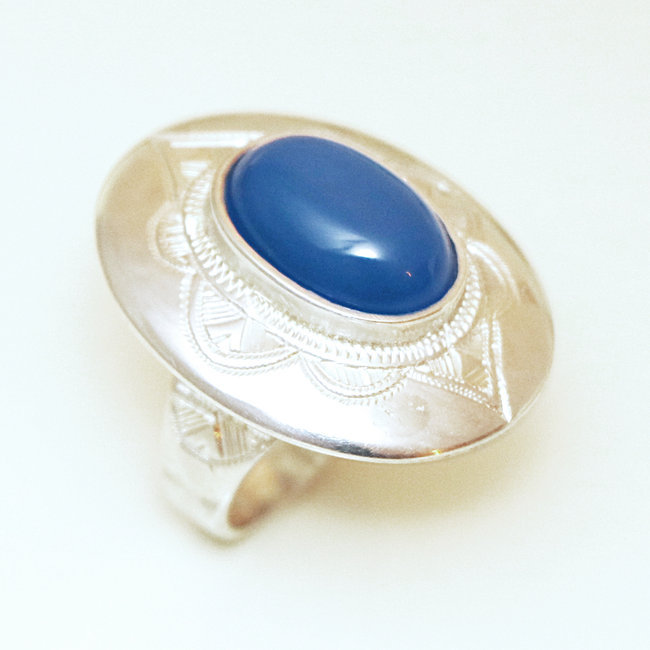 Bague argent massif 925 touareg ovale et Agate bleue - Niger 003