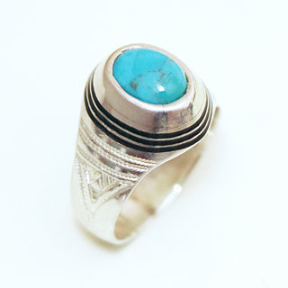 Bijoux ethniques touareg bague argent massif 925 homme femme chevalire pierres semi-prcieuses vraie Turquoise naturelle ovale bois d'bne personnalise - Niger 008a