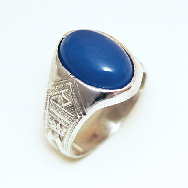 Bague argent massif 925 touareg chevalière ovale et Agate bleue - Niger 001