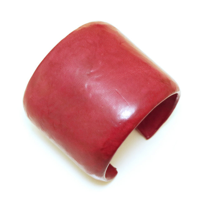 Bracelet manchette touareg large cuir Rouge Bordeaux lisse - Mali 003
