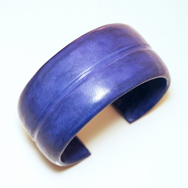 Bracelet manchette touareg moyen cuir Bleu indigo simple - Mali 005