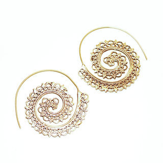 Bijoux Indiens Ethniques boucles d'oreilles pendants croles cercles rondes dores spirales filigranes boho gipsy bohme en bronze dor or - Inde 046 a