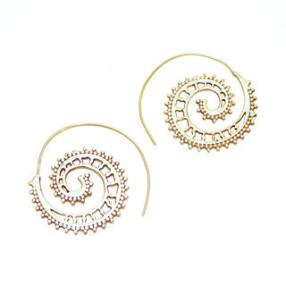 Bijoux Indiens Ethniques boucles d'oreilles pendants croles cercles rondes dores spirales filigranes boho gipsy bohme en bronze dor or - Inde 049 a