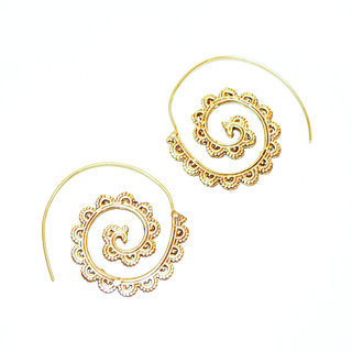 Bijoux Indiens Ethniques boucles d'oreilles pendants croles cercles rondes dores spirales filigranes boho gipsy bohme en bronze dor or - Inde 052 a