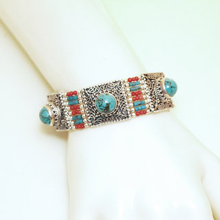 Bijoux indiens Ethniques bracelet argent 925 massif femme large filigranes pierre fine ronde vraie Turquoise naturelle vritable perles rouges - Npal 050b