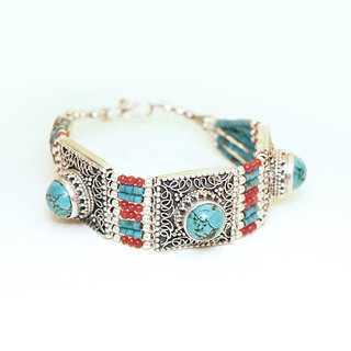 Bijoux indiens Ethniques bracelet argent 925 massif femme large filigranes pierre fine ronde vraie Turquoise naturelle vritable perles rouges - Npal 050a