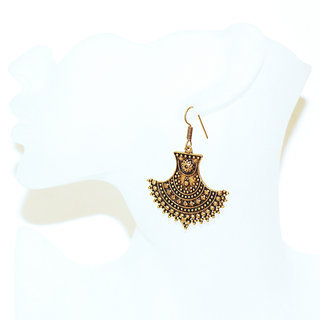 Bijoux Indiens Ethniques boucles d'oreilles bollywood pendantes en bronze doré or gravé filigranes dentelle perles - Inde 061 b