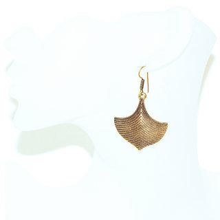 Bijoux Indiens Ethniques boucles d'oreilles feuilles gingko pendantes en bronze doré or gravé filigranes dentelle perles - Inde 064 b