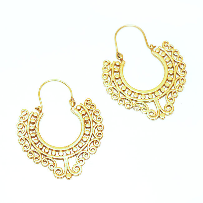 Boucles d'oreilles créoles longues fIligranes bronze dorées - Inde 072