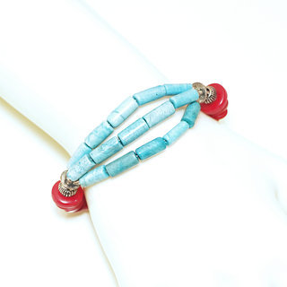Bijoux Ethniques indiens bracelet multi-rangs turquoise corail laiton plaqu argent 925 et pierres perles npalais tibtain - Nepal 028 b