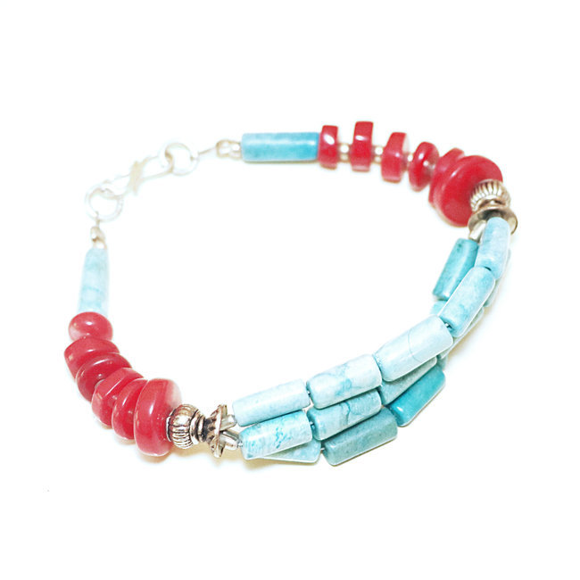 Bracelet argenté, Turquoise et Corail - Népal 028