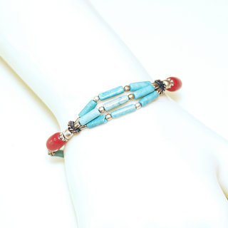 Bijoux Ethniques indiens bracelet multi-rangs turquoise corail laiton plaqu argent 925 et pierres perles npalais tibtain - Nepal 029 b